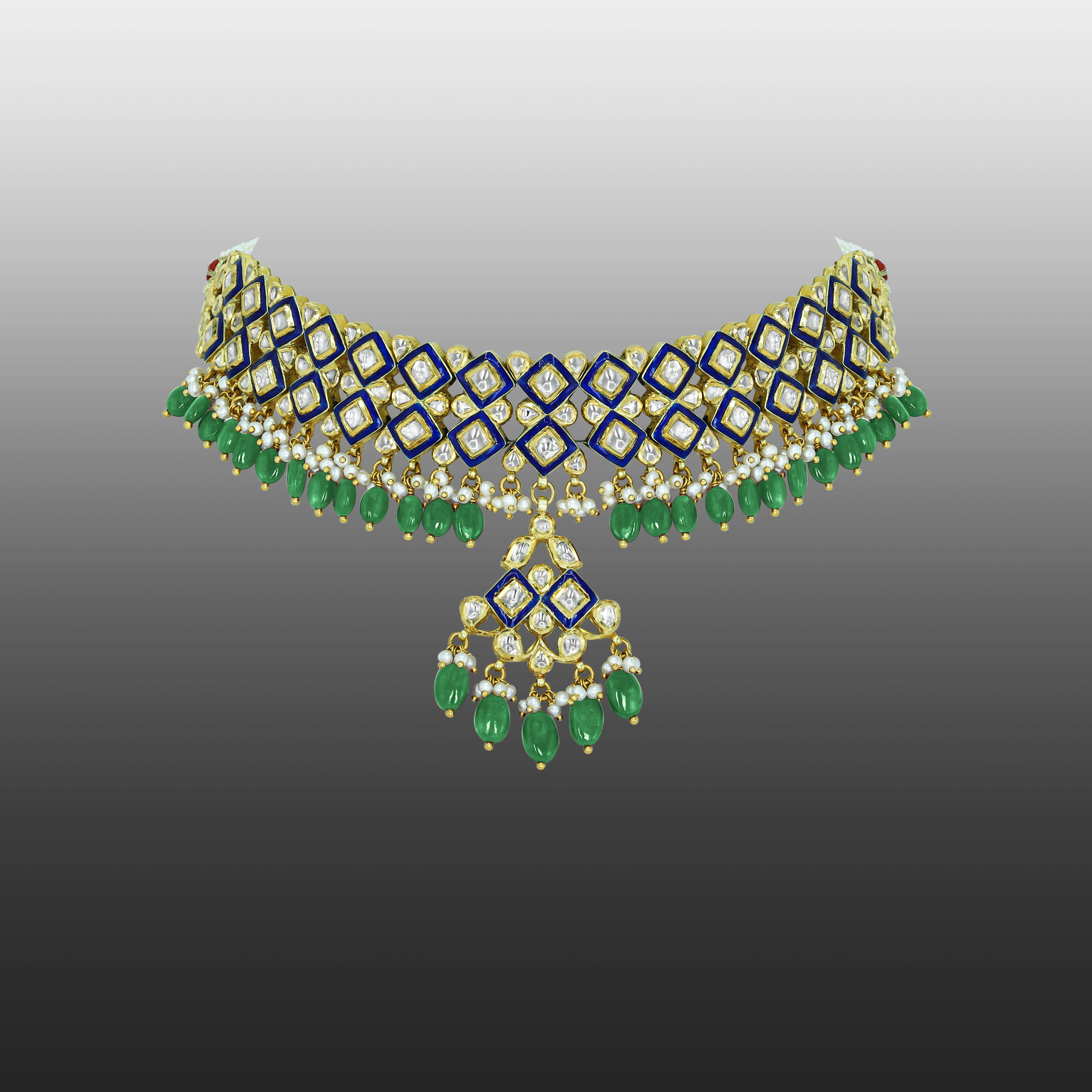 Blue Enamel Polki Choker with Emerald Maniyas and Pearl Clusters